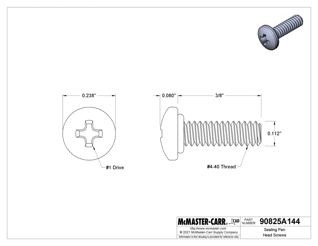 Technical Drawing of Sealing Pan Head Screws, with Buna-N Rubber O-Ring, 4-40 Thread Size, 3/8" Long.